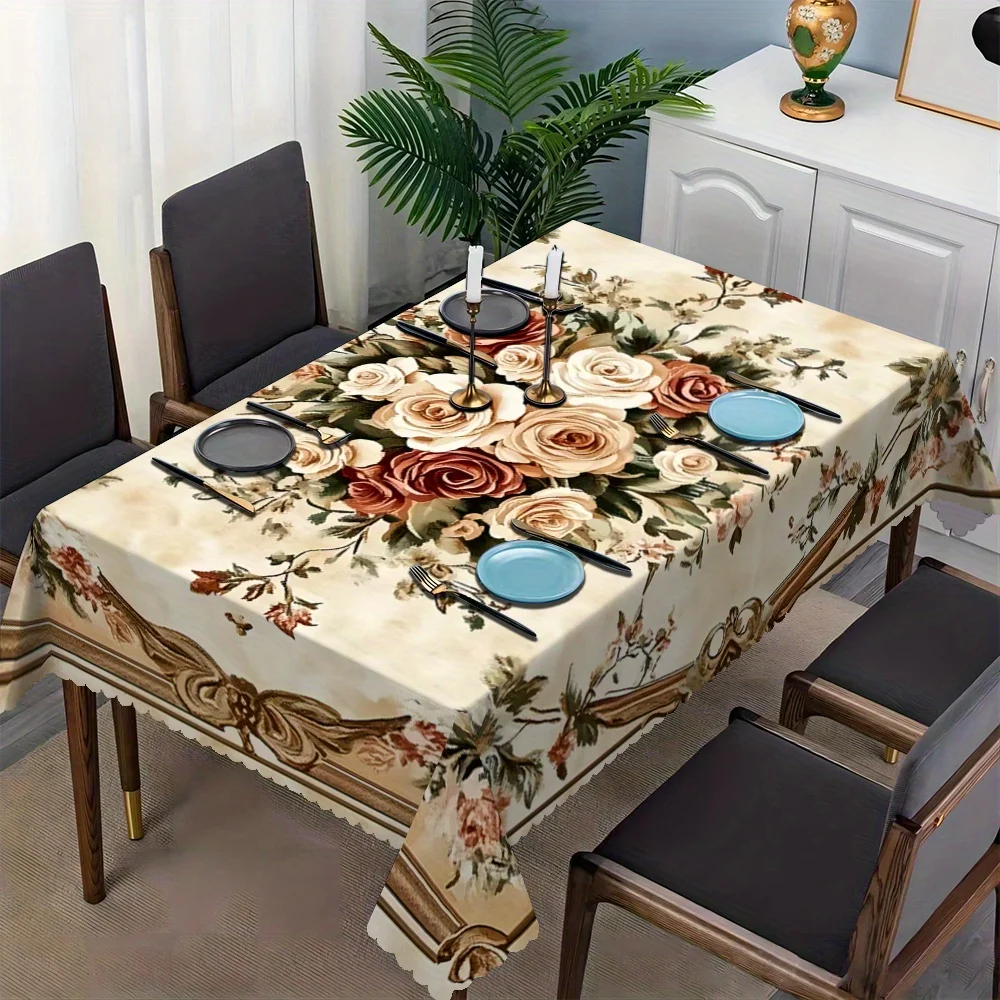 A Beautiful And Elegant Floral And European Lace Printed Rectangular Tablecloth,  Suitable for Home Dining Rooms, Living Rooms