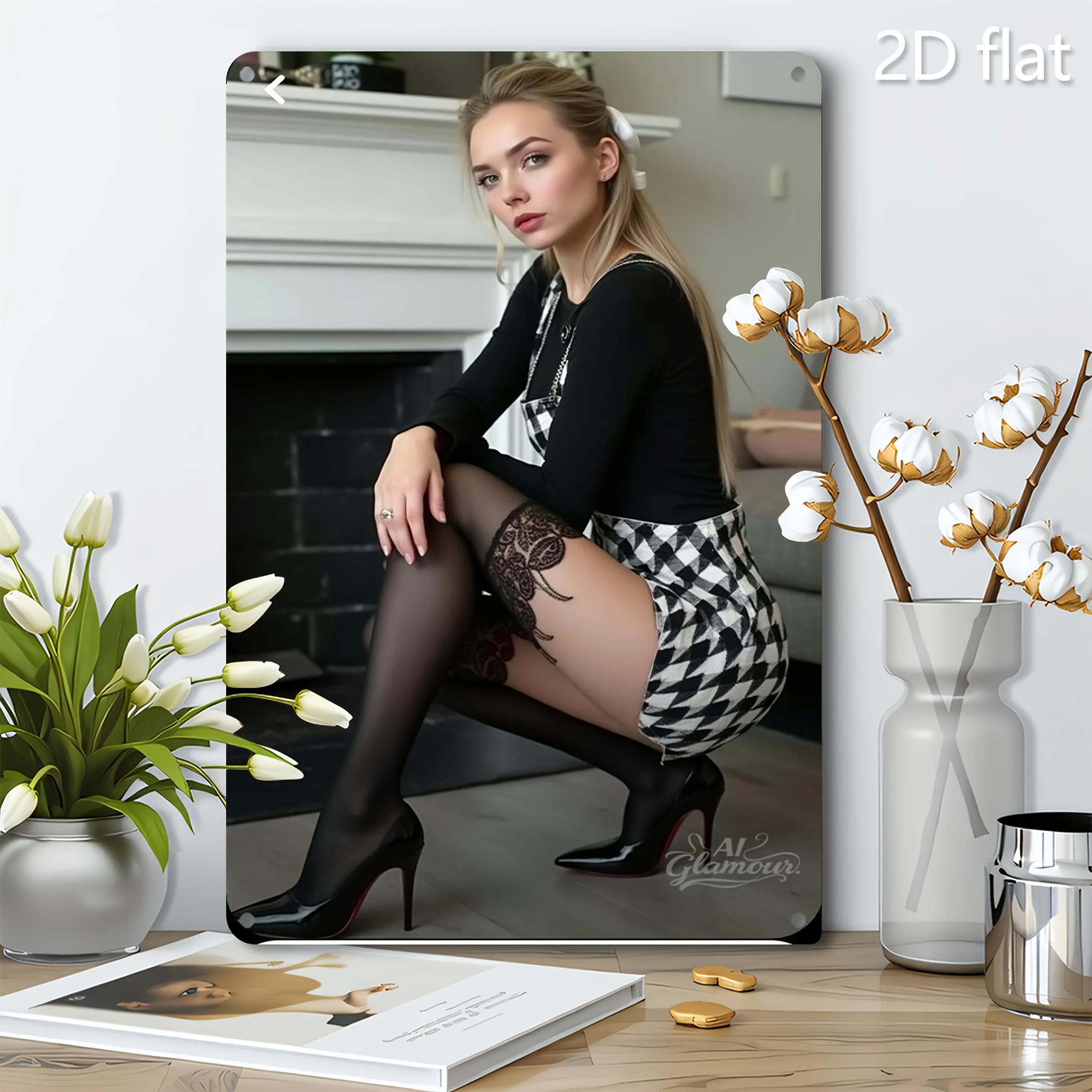 

[2D Flat Metal Wall Art] 2D Flat] 1pc 2D Flat Metal Wall Art - Golden-Haired Woman In Black Tights & Checkered Skirt, Pre-Drille