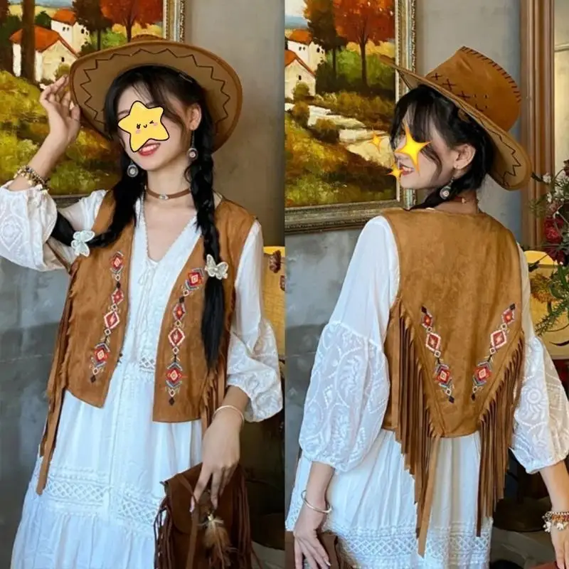 

652F Women Fringe Vest Faux Suedes Tassels 70s Hippie Clothes Open-Front Cardigan Sleeveless Vest Female Waistcoat Outwear