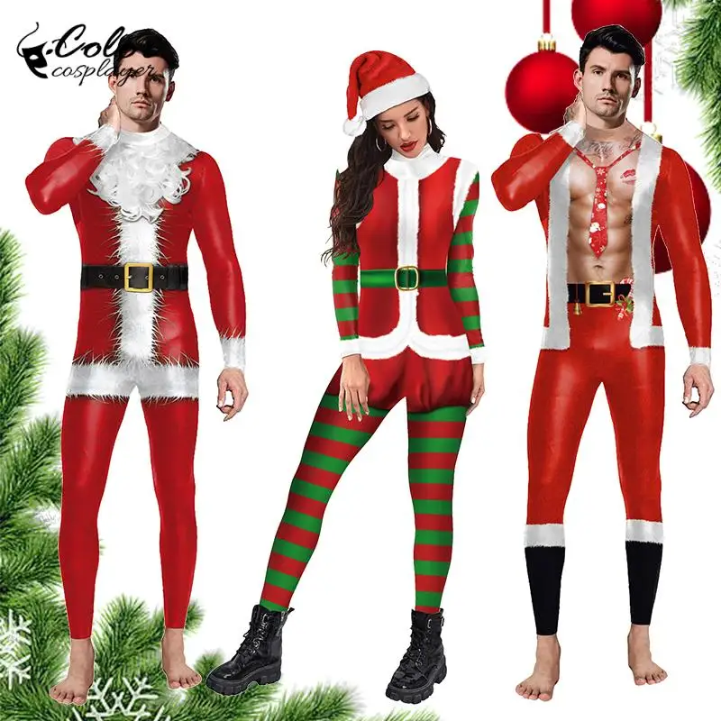 

Color Cosplayer Santa Claus Jumpsuit Christmas Cosplay Costume Couple Bodysuit Party Xmas Zentai Skinny 3D Printing Jumpsuit