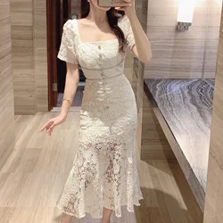 Runway Summer White Lace Square Collar Midi Dress French Summer Diamonds Buttons Hollow Out Embroidery Bodycon Mermaid Clothes