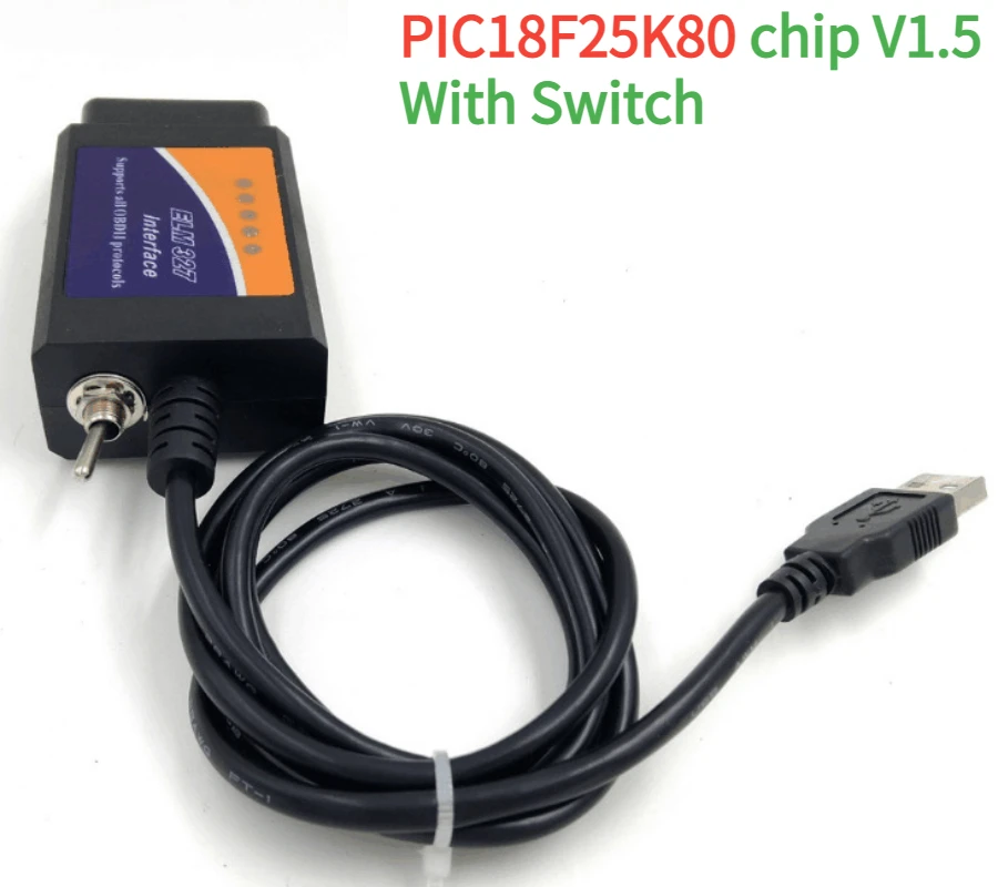 Bestselling ELM327 V1.5 USB 25K80 Chip with Switch Improved OBDII Automatic Code Reader OBD2 on-board Diagnostic Tool