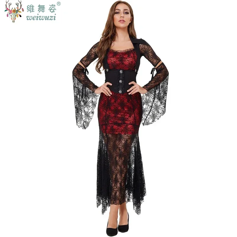 Halloween Cosplay Gothic Witch Vampire Sexy Lace Hip Wrap Dress Black Evil Wizard Ghost Bride Perspective Dress Carnival Costume