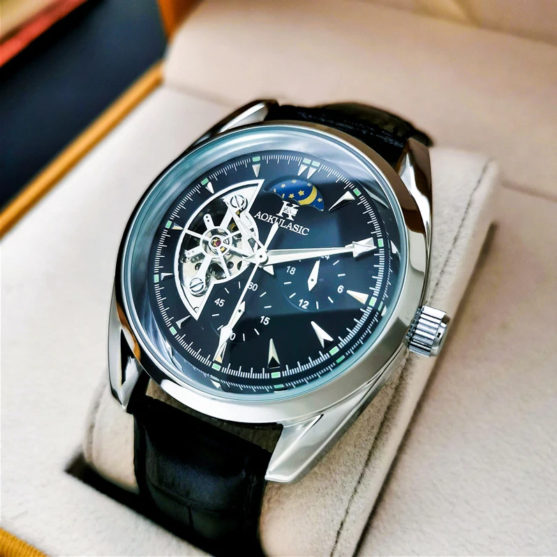 

Men Hollow Skeleton Dial Watch Automatic Mechanical Wristwatch Moon Phase Waterproof Luminous Stainless Steel Leather Strap