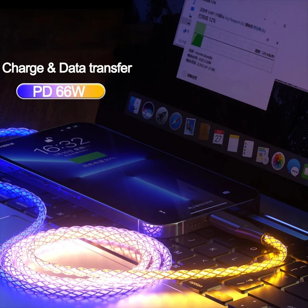 6A 66W Flow Luminous USB Type C to USB C Cable Fast Charging Data Cord 3 IN 1 LED Cable 9 Colors RGB Type C to Type C Cable