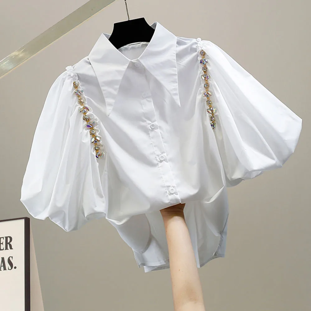 White Patchwork Diamonds Shirts For Women Lapel Puff Short Sleeve Straight Korean Blouses Female New Summer Fashion