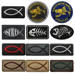 Jesus Fish Symbol Embroidered Patches Round Fishing Line Skeleton Bone Fish Chevron Appliques Shouler Faith Bless Patch For Cap