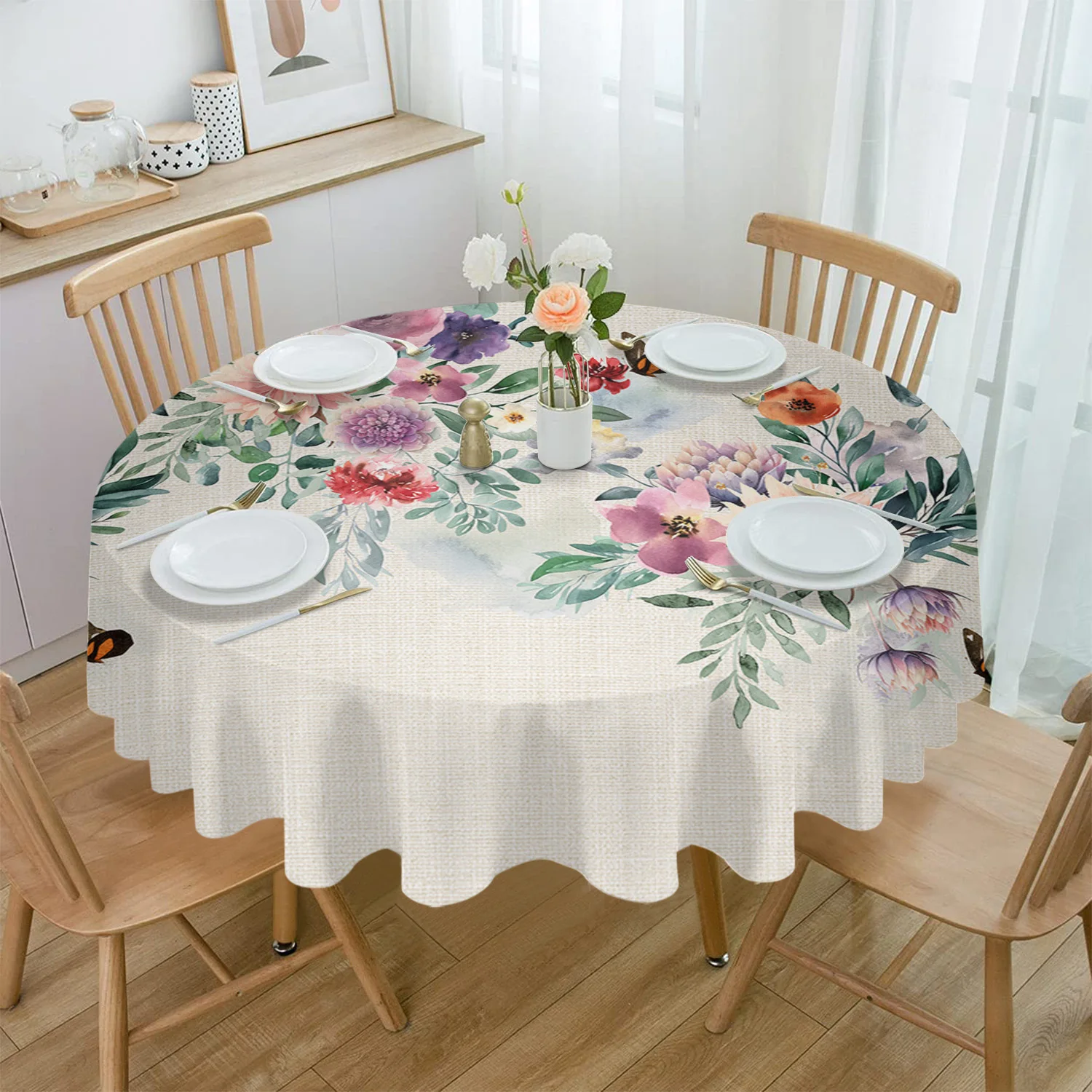 Watercolor Flowers Butterfly Round Tablecloth Waterproof Wedding Party Table Cover Xmas Dining Table Tablecloth