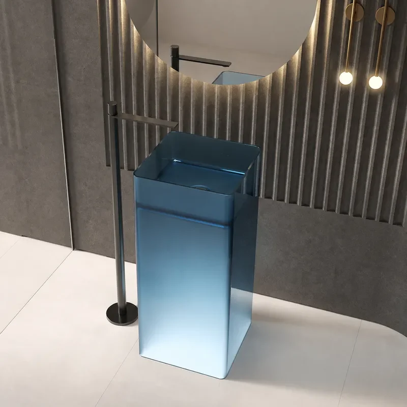 Square Column Resin Basin Artificial Stone Transparent Washbasin Integrated Pillar Sink for Hotel Bathroom Homestay