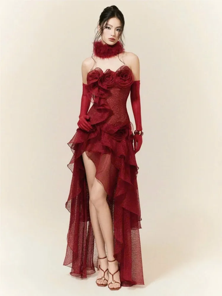 

Unique and niche design sense strapless style three-dimensional flower irregular dress