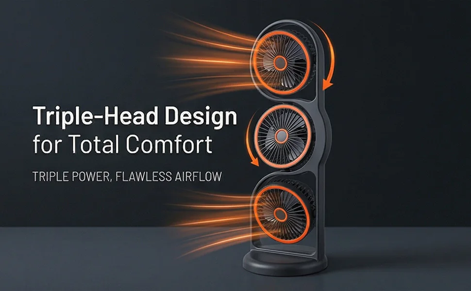 Desk Fan USB Rechargeable Portable 3 Head Fan with Multiple Speed Settings Light for Study Work Outdoor 3 Head Fan Table Fan