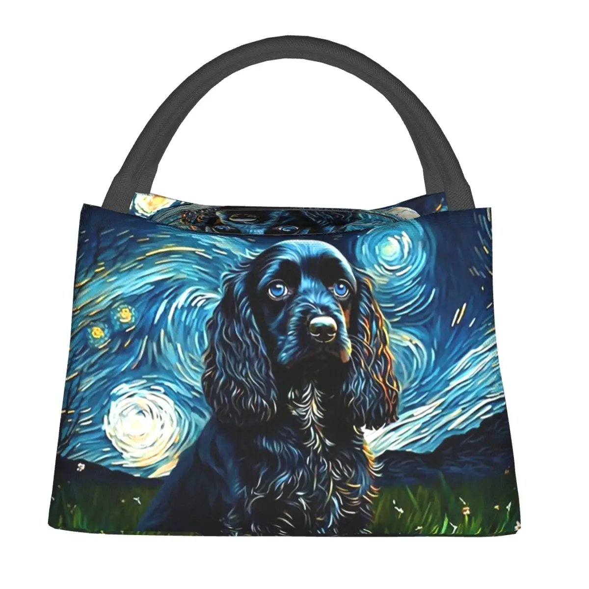 A Cocker Spaniel Puppy Starry Night Insulated Lunch Bag for Women Kids Leakproof Food Boxes Thermal Lunch Box Tote