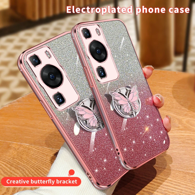 P60 P50 Mate 60 Cover For Huawei P60 Pro P50 P40 P30 Mate 60 50 40 30 Gradient Butterfly Bling Folding Stand Plating Back Case