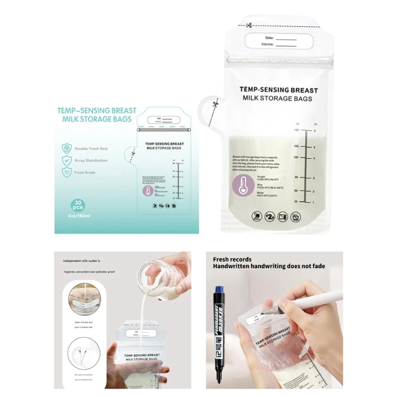 

30 шт., одноразовые пакеты для хранения грудного молока, 180 мл, большая емкость, герметичные с двойным уплотнением для новой