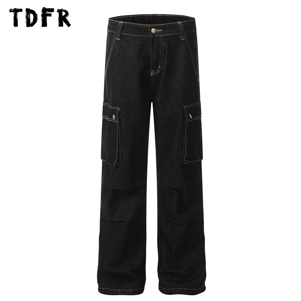 

Multi-Pocket Dark Jeans Mens Pleated Spliced Retro Streetwear Loose Straight Wide leg Denim Pants Men