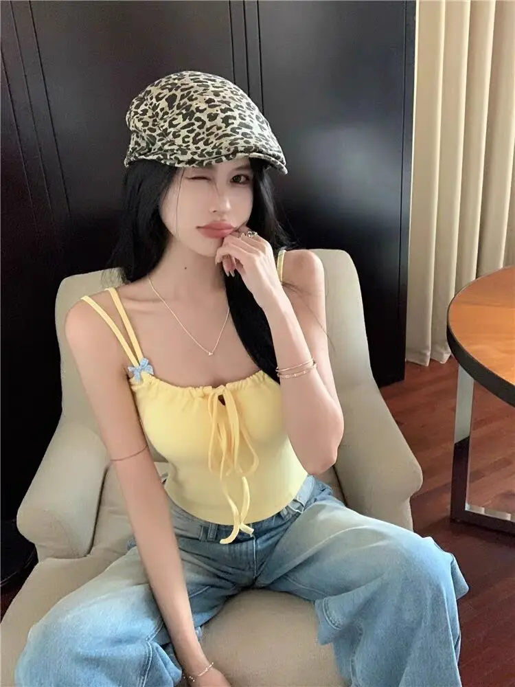 

Y2K Style Drawstring Sling Top For Woman Female Spring Summer Woman Adorable Bow Detail Knitted