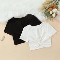 DAYIFUN Two-piece Sets Girls High Waisted Tight Tshirts Fitting Short Sleeved T-shirt with Twisted Cross Exposed Navel Short Top