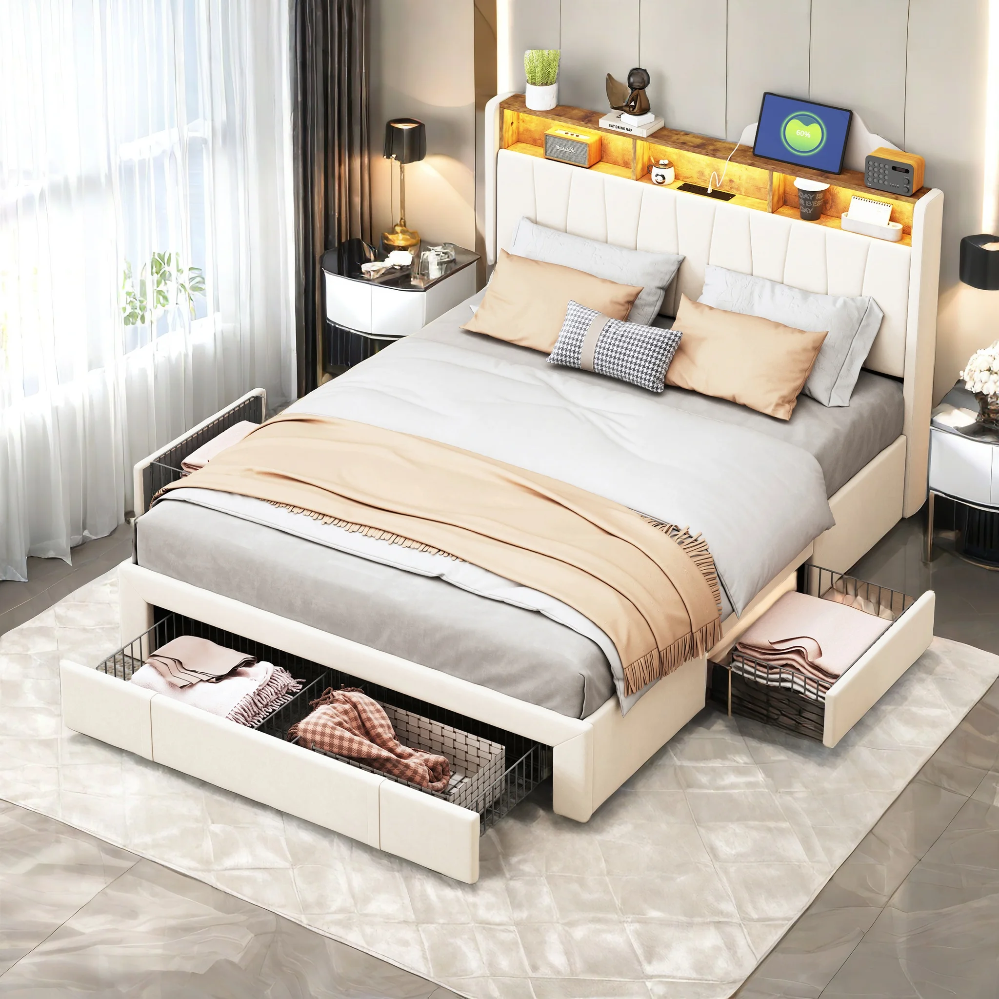 Upholstered Bed 160x200cm,with 4 Drawers,Storage Headboard,With LED Light & USB Port,Double Bed Frame,with Slatted Frame,Velvet