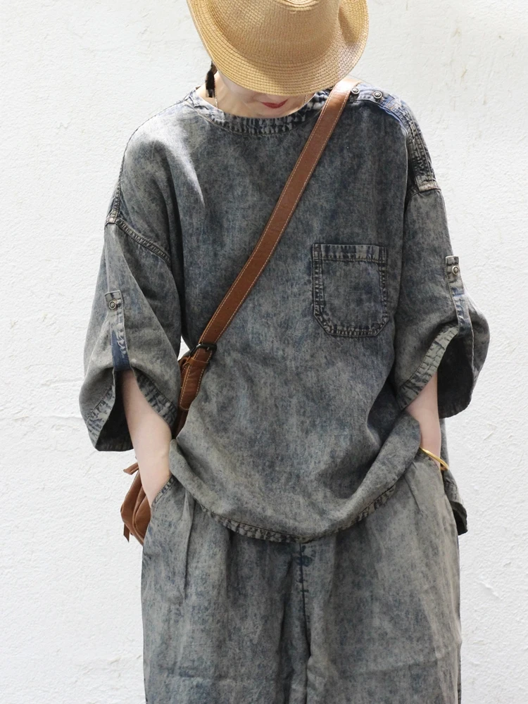 

Новая летняя футболка Zhang Mad 08299 в винтажном художественном стиле, нейтральная, омолаживающая, из шелка, конопли и денима, с круглым вырезом