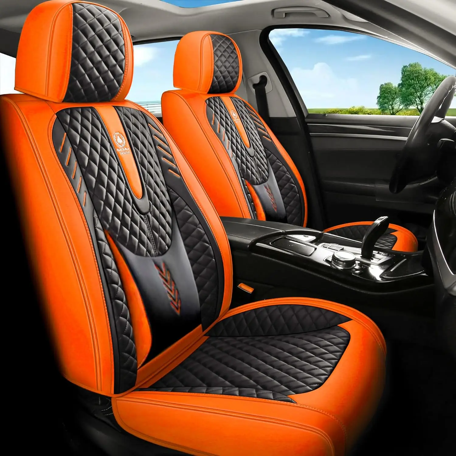 

Universal Car Seat Covers for Most Cars and SUVs, Synthetic Leather, Black & Orange, Airbags Compatible