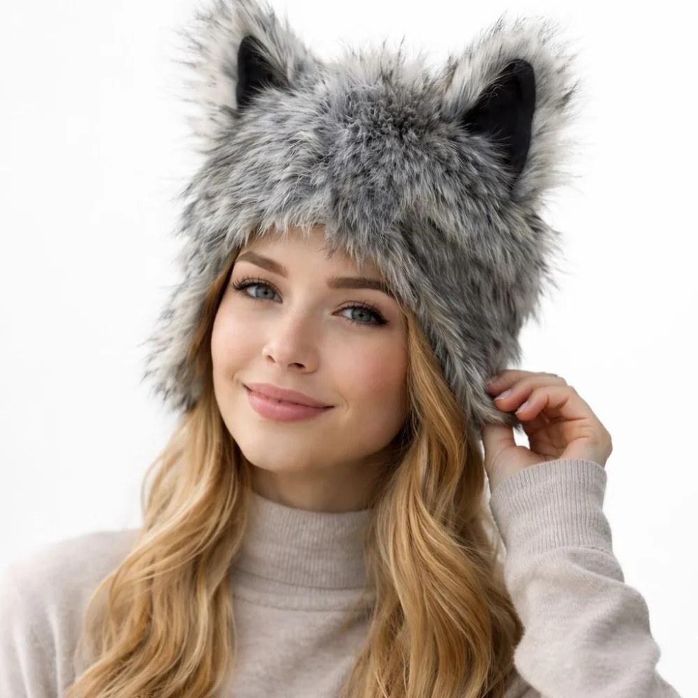 Fancy Dress Grey Wolf Paw Cosplay Set Hairy Animal Wolf Hat with Ears Fluffy Texture Plush Werewolf Paw Mitten Winter