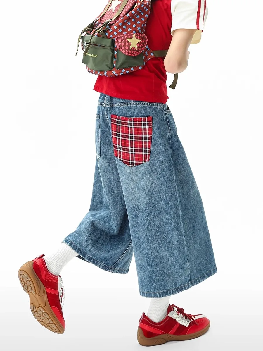 

Американские джинсы в клетку синего цвета, женские, летние, модные, свободные, больших размеров, зауженные, с широкими штанинами, длиной до щиколотки