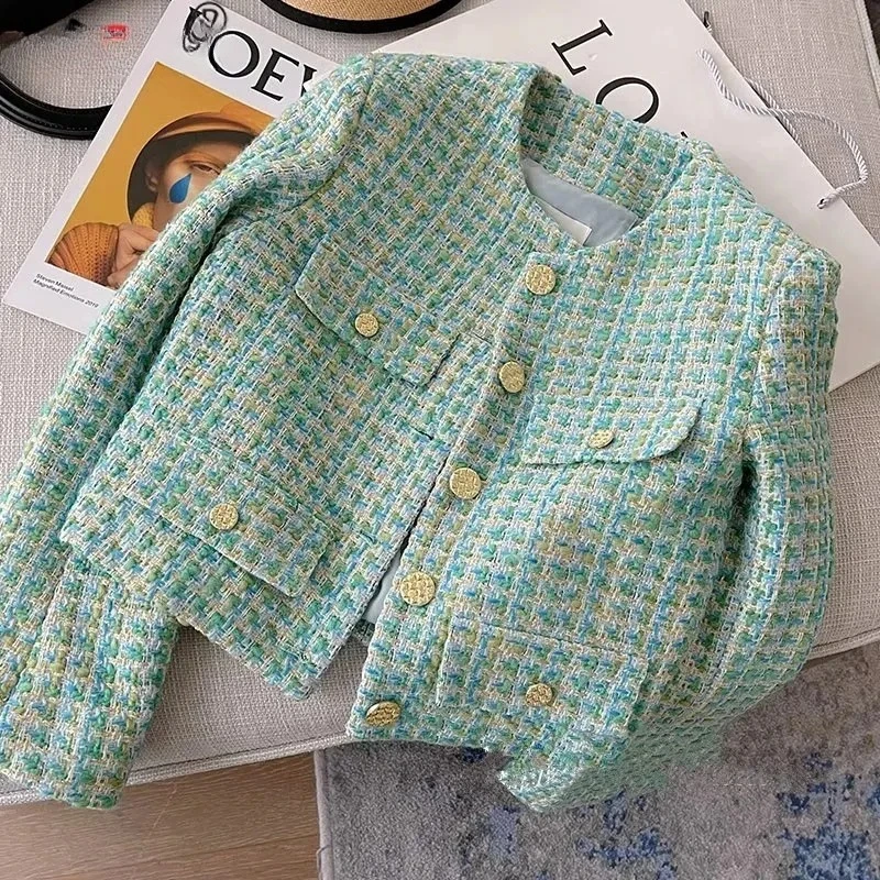 

Женские элегантные твидовые укороченные куртки, корейские модные пальто с круглым вырезом и длинными рукавами, топы, шикарный дизайн, однобортные Abrigos Blusas, новинка