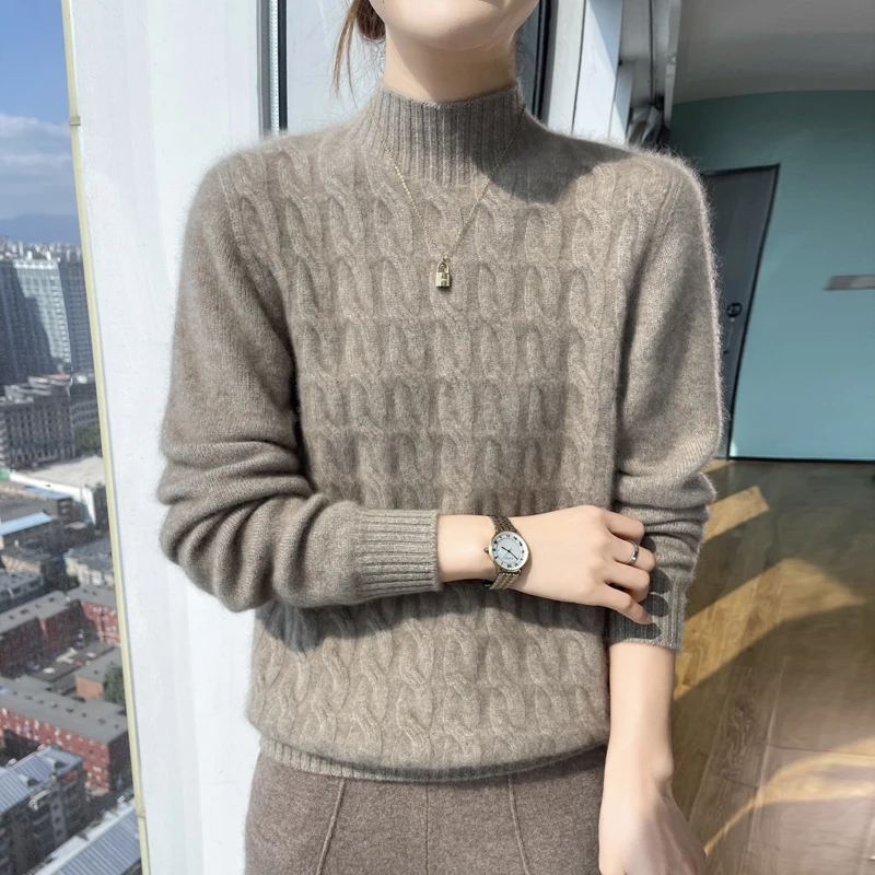 Fall/Winter New Half-high Neck Twisted Thickened Sweater Women's Knitted Bottom Shirt Warm and Leisure Lnside