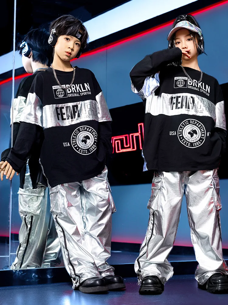 

Boys Hip Hop Clothing Fake-2-pieces Tops Streetwear Silver Cargo Pants for Kids Dance Costume Clothes