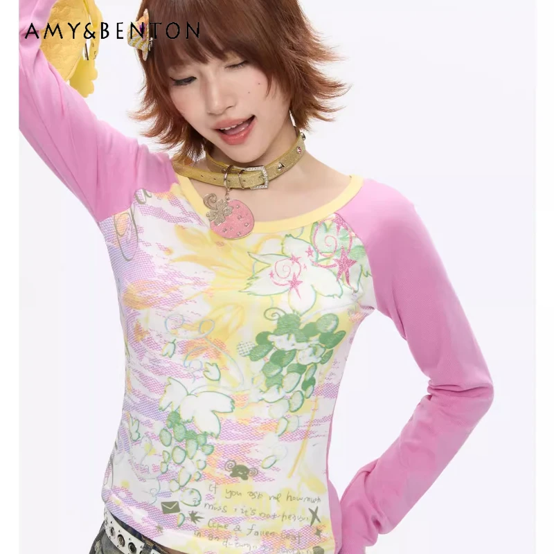 Autumn New Yellow Pink Splicing Round Neck Women's Bottoming Shirt Japanese Design Slimming Versatile Long Sleeve T-Shirt Ladies