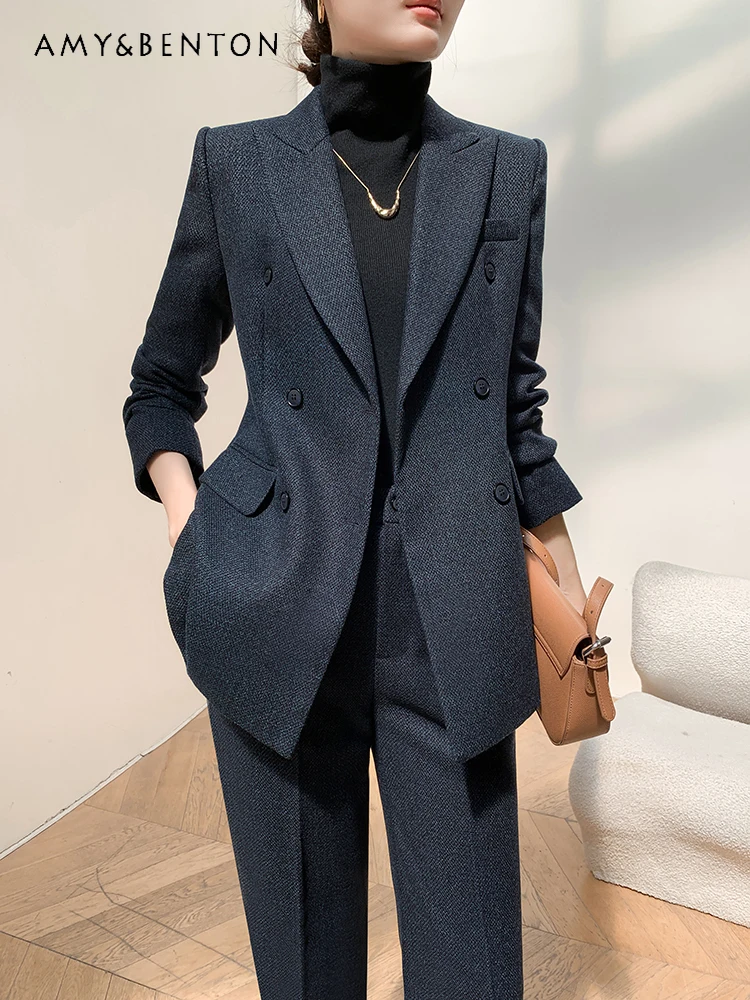 Commuter Style Professional Woolen Suit Women Autumn Winter New High-end Collar Slim Jacket Vest Wide-leg Pants Three-piece Set