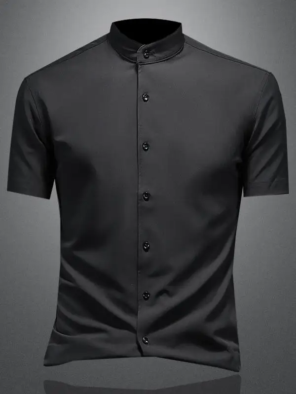 

Мужская летняя рубашка с воротником-стойкой, тонкая, с коротким рукавом, новая, деловая, повседневная, драпированная, эластичная, дышащая, модная, из полиэфирного волокна