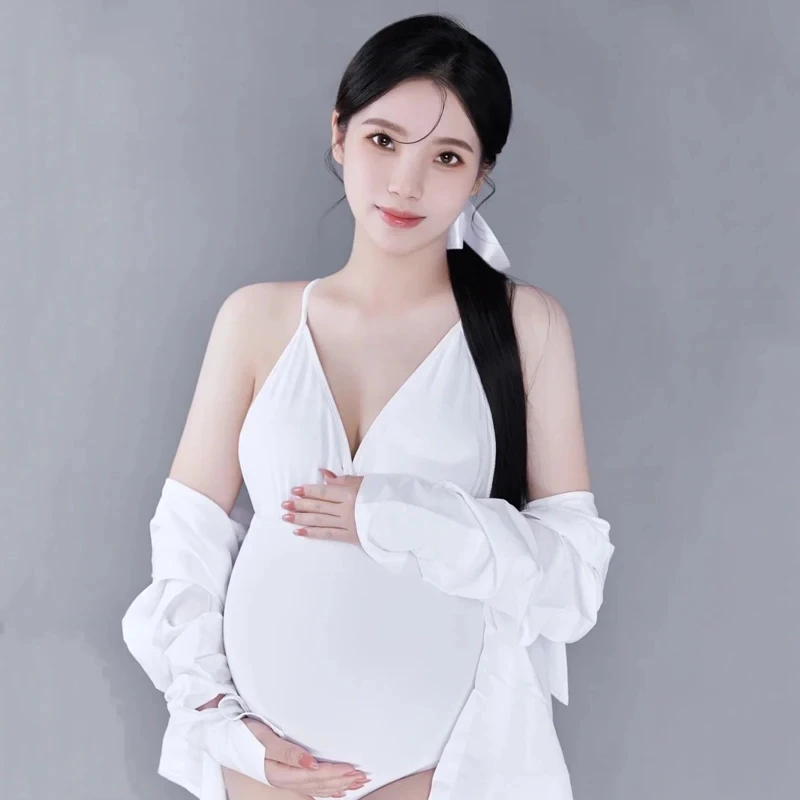 

White Sexy Maternity Bodysuit V-neck Backless Strapless Cotton Pregnancy Dress Photo Photography Props Woman Clothing Vestidos