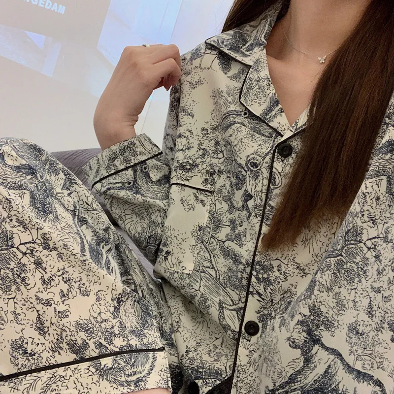 

Women's Ice Silk Long Sve Spwear Thin Home Clothes Set Autumn New Sle Premium Feel Calf Length Summer Thin Set