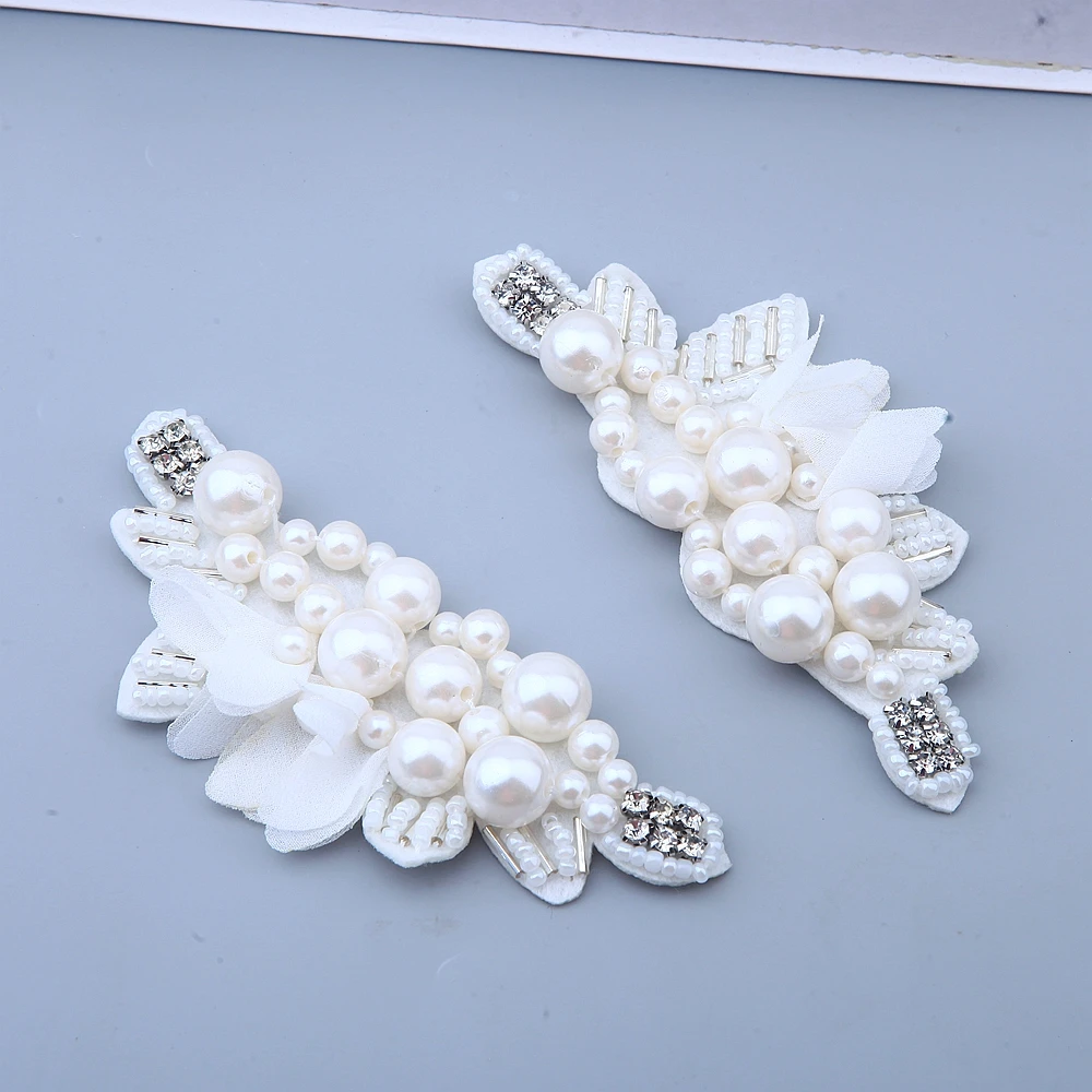 Patches 2 Pcs Pearl Beaded Applique Chiffon Leaves Corsage Collar Patch For Wedding Dress Shoulder Flowers Applique Patches