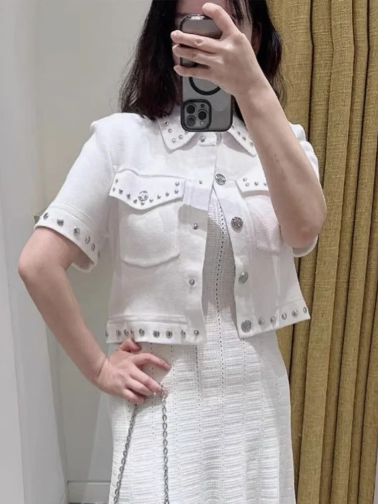 

Высококачественная версия, европейский вязаный джемпер с металлическими заклепками, универсальный трикотажный кардиган для женщин Faion