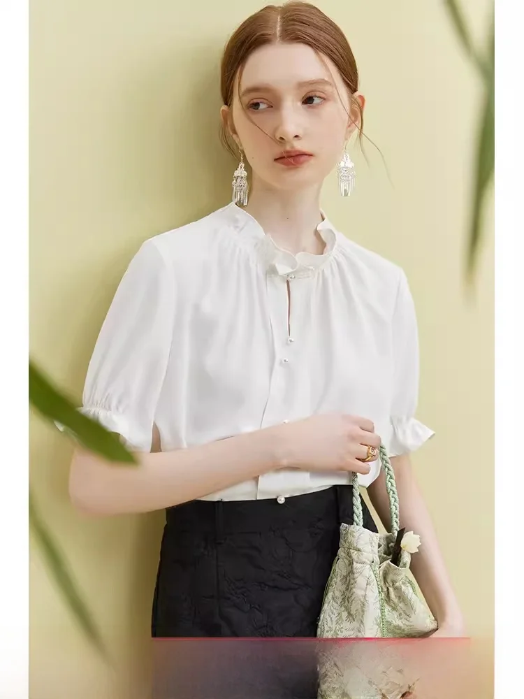 

Vanessaline Elegant Design Women's Shirt Summer New Style Gathered Short Sleeve Floral Versatile Top Skin-friendly Breat...