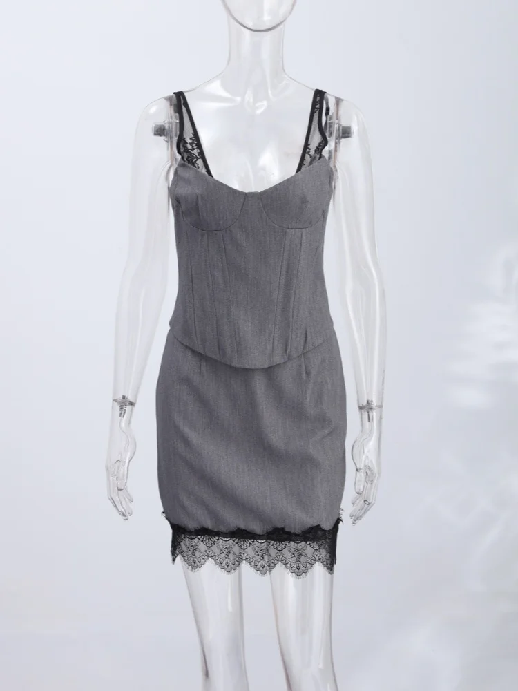 Schickes Sweetheart-Ausschnitt Bustier-Set mit Spitzenbesatz Schulterträger-Korsett-Top und Spitzenbesetzter Minirock für Damen Casual Alltags- und Partykleidung – Detail 2