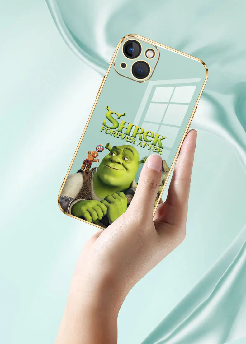 Funny Movie Shrek Anime Funda For iPhone 15 14 Pro Max 13 12 Mini 11 7 8 Pro XSMax XR SE Phone Case Luxury Golden Plating Cover