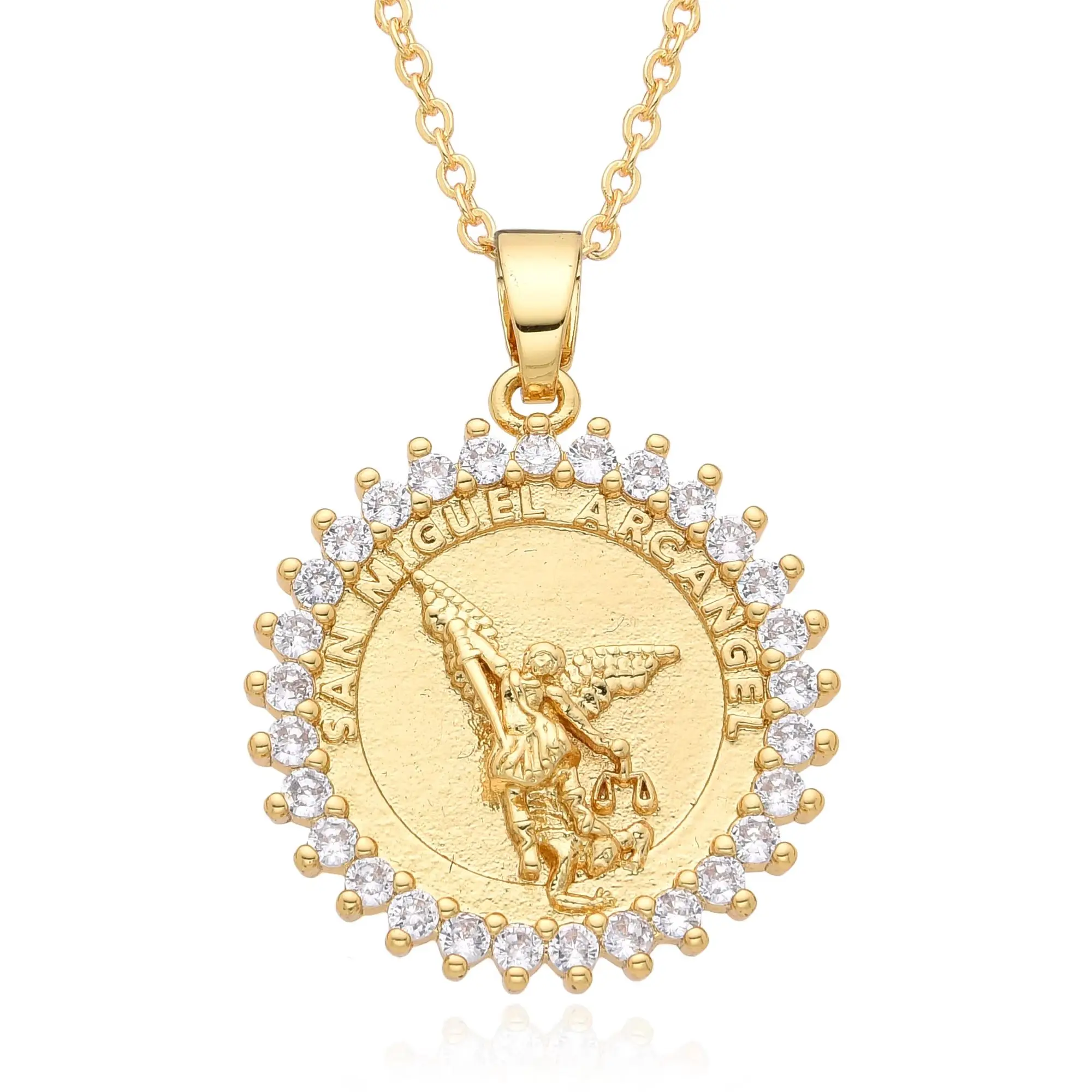 Gold Plated Oval Archangel Saint Michael Hollow Pendant San Miguel Arcangel Necklace for Women Men Catholic Jewelry Charms Gifts