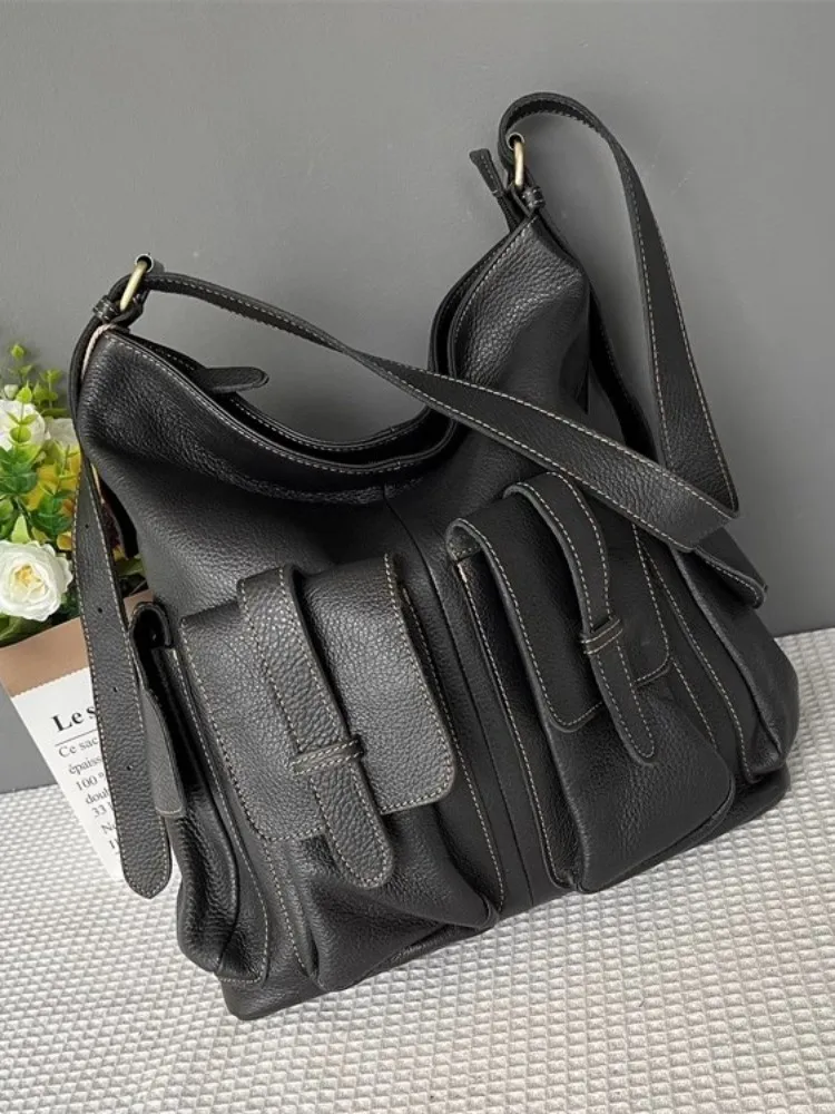 Punk Style Women Genuine Leather Multiple Pockets Motorcycle Bag Solid Color Casual Single Shoulder Bag Female Crossbody Bags