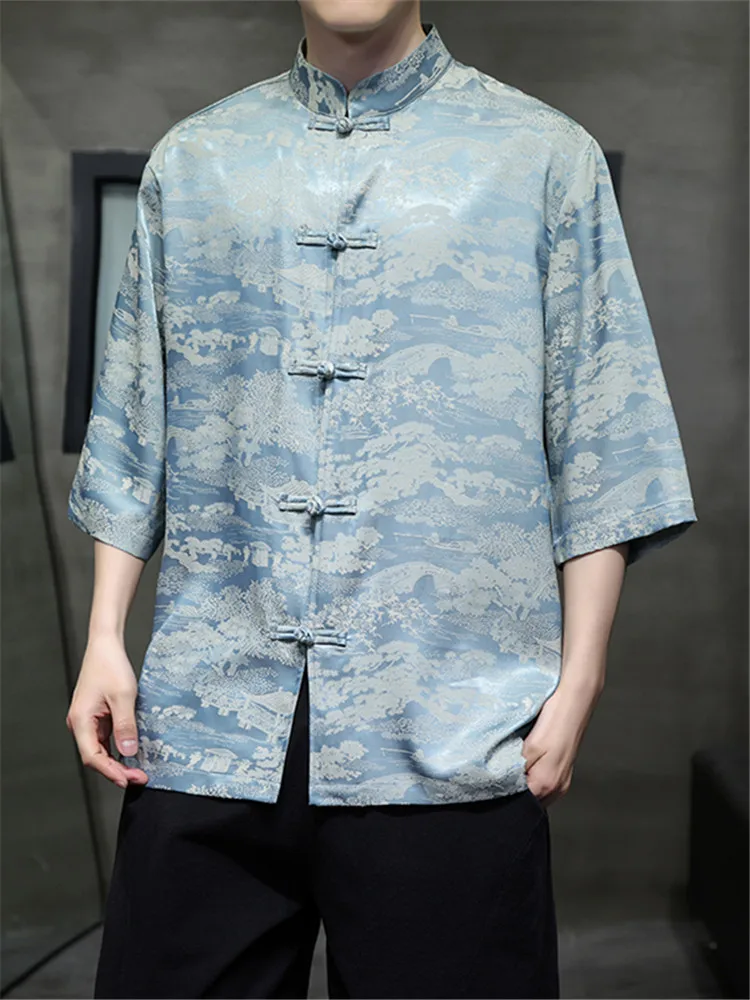 

Ice Silk Short Sleeve Men's Shirt Cool Sensation Chinese Style Summer New Arrival Loose Fit Printed Casual Thin Material