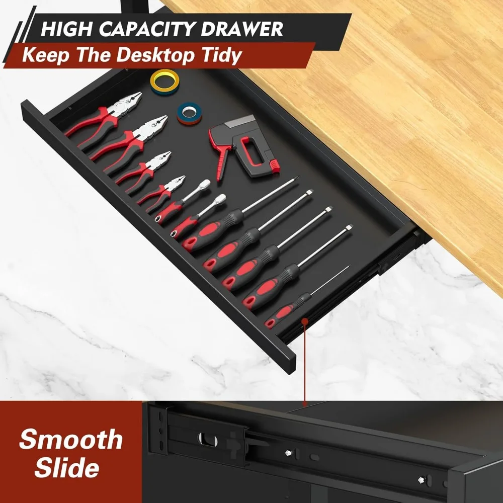 منضدة عمل شديدة التحمل قابلة للتعديل مع أدراج، ومنضدة عمل خشبية متدحرجة تتميز بمنافذ طاقة وسعة تحميل 2000 رطل للداخل