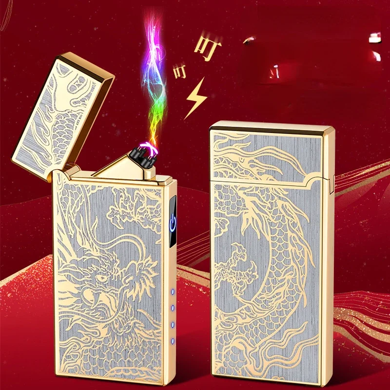 Personalized Dragon Relief Charging Arc Double Pulse Lighter Windproof Portable Metal Material Charged Quantity Display