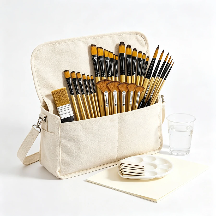 32pcs Professional Nylon Paint Brush Set, Wooden Handle Art Brushes with Round, Flat, Fan & Angle Tips for Gouache Painting