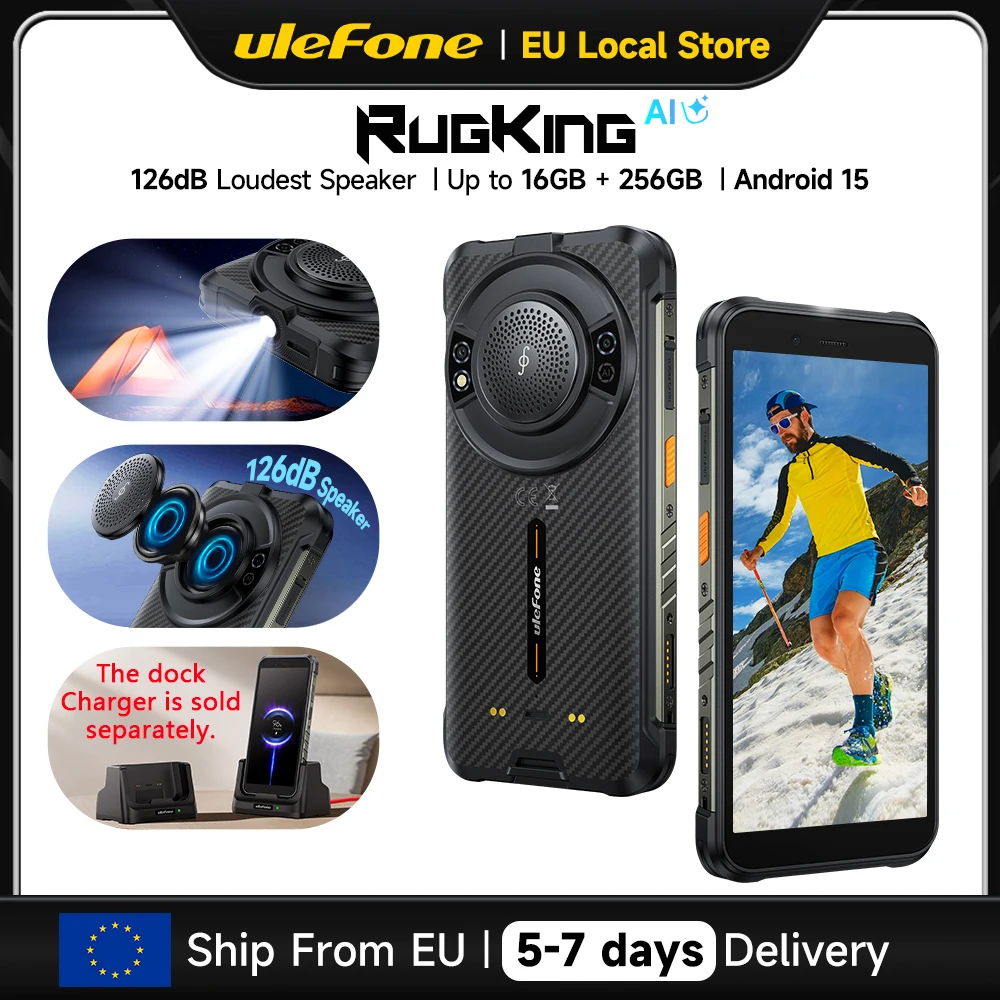 Ulefone RugKing 4G Téléphone Robuste Smartphone Android 15 Jusqu'à 16 Go + 256 Go Étanche 9600 mAh NFC Version Globale