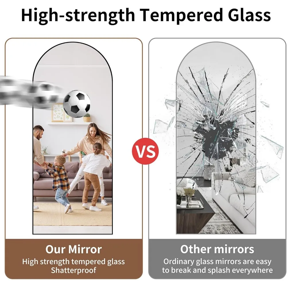 Gewölbter Bodenspiegel in voller Länge, 65 x 24 Nano-Glas mit Aluminiumrahmen, großer Schminkspiegel für Zuhause