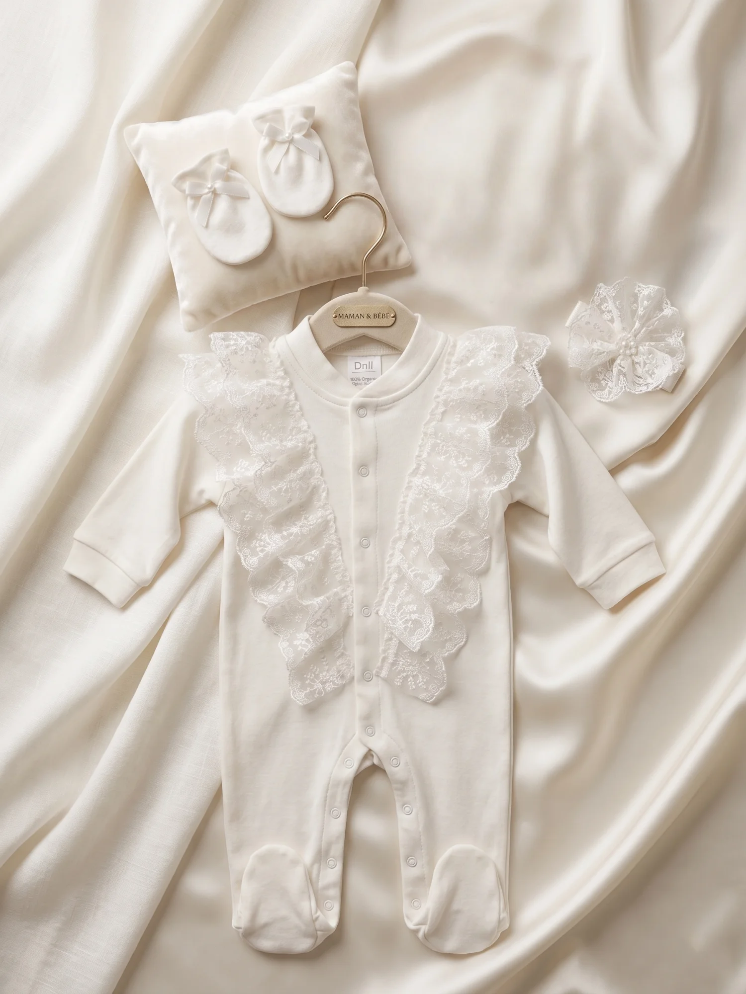 3Pcs Serene Newborn Baby Girl Baptism Outfit Soft Cotton White Lace Footed Romper Headband Booties Flawless Touch