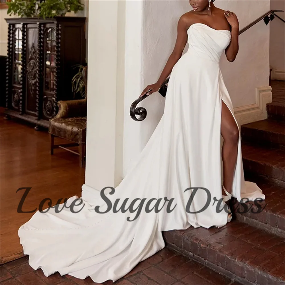 

Elegant A Line Wedding Dresses Sexy Slit Long Train Bridal Gowns V Neck Pleated Back Button Bride Dress robe de mariée