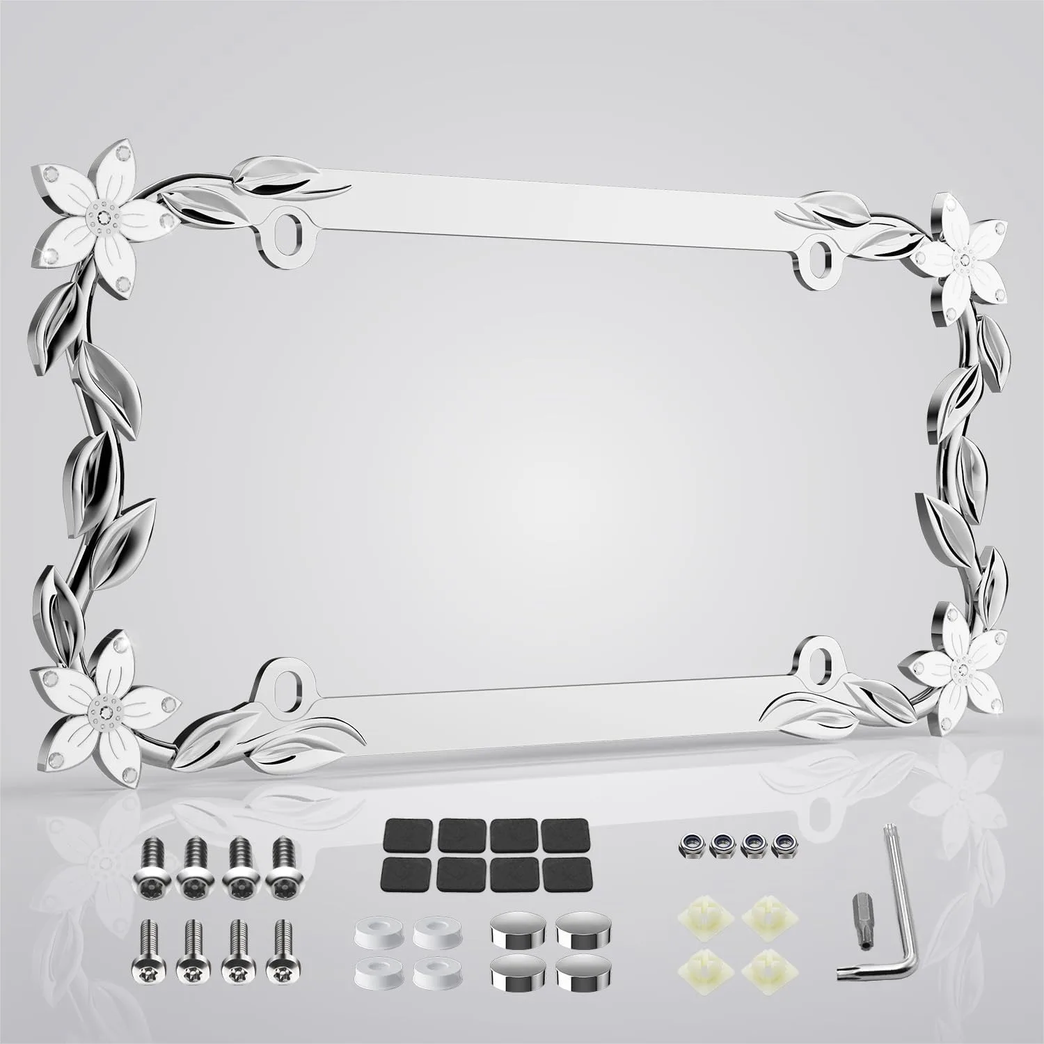 

3D Flower License Plate Frame with Rhinestones - Cute Bling Car Accessory for Women, Rust-Resistant Zinc Alloy, Fits US & Canada
